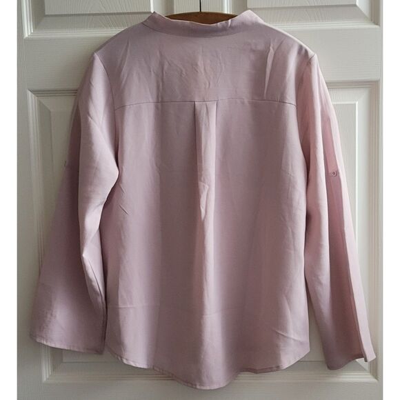 Moyabo Womens L Bow Tie Neck Roll-Up Long Sleeve Corpcore PK Chiffon Blouse NWT - Picture 3 of 9